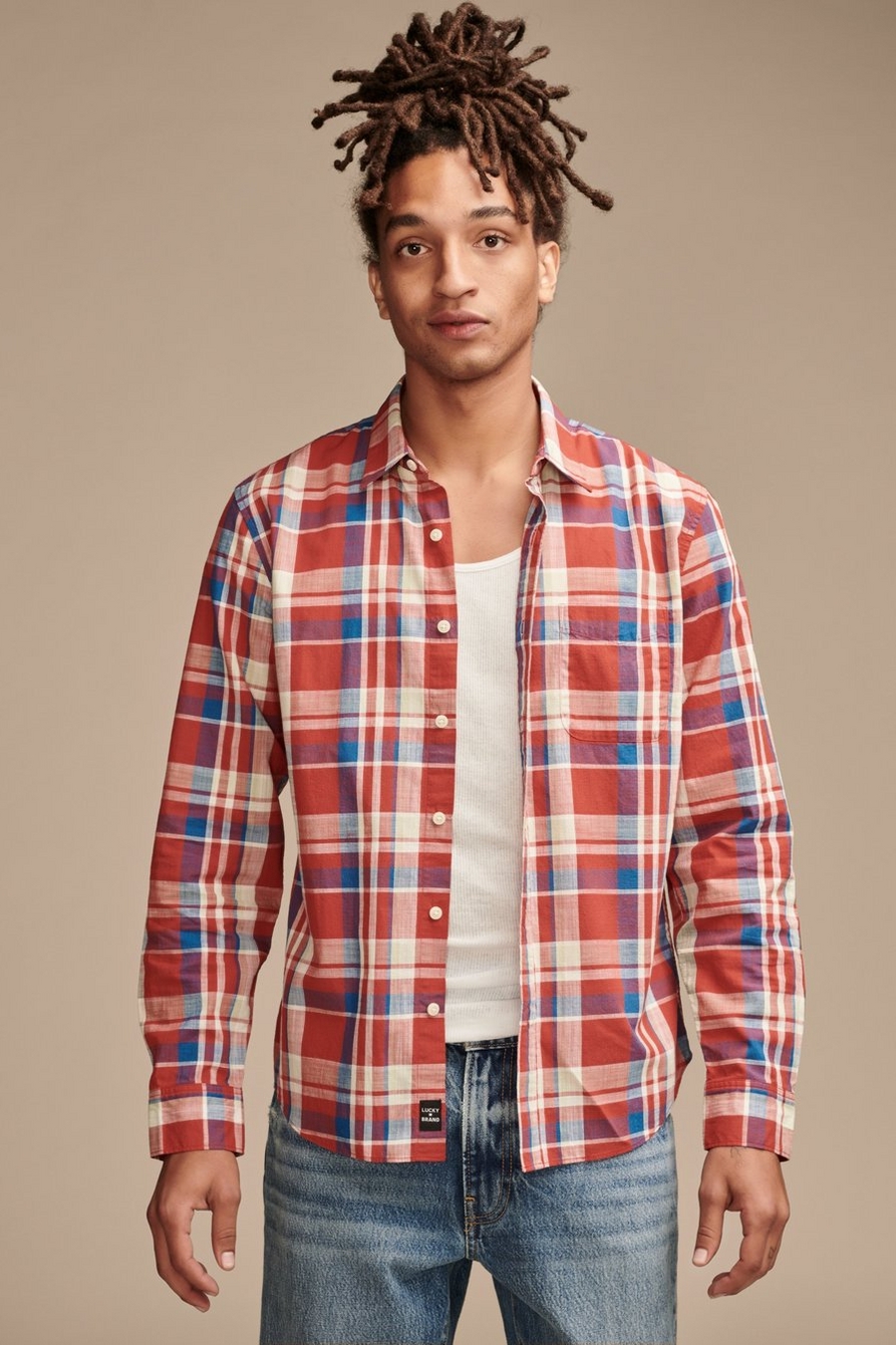 plaid one pocket long sleeve shirt